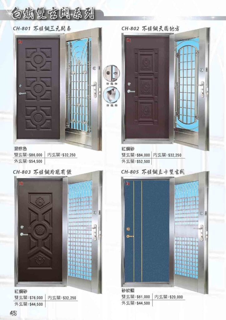 CH-801 不鏽鋼三元開泰-混棕色 CH-802 不鏽鋼天圓地方-紅銅砂 CH-803 不鏽鋼玲瓏有緻-紅銅砂 CH-805 不鏽鋼直卡雙玄關-砂紋藍