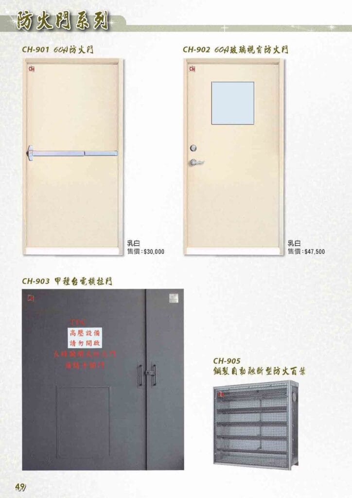 CH-901 60A防火門 CH-902 60A玻璃視窗防火門 CH-903 甲種台電橫拉門 CH-905 鋼製自動融斷型防火百葉